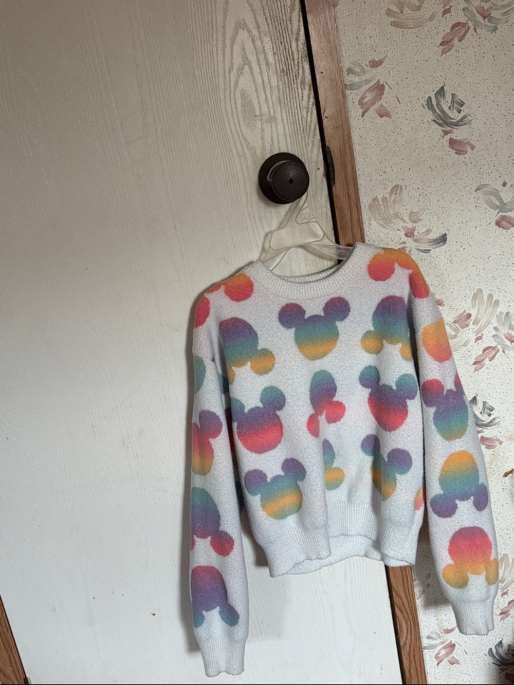 Disney White Crewneck Sweater with Rainbow Mickey Silhouettes